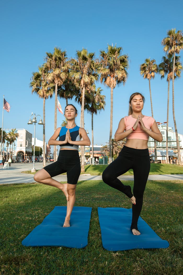 services-04 Two women perform tree pose on yoga mats in a sunny park with palm trees, symbolizing wellness and relaxation.